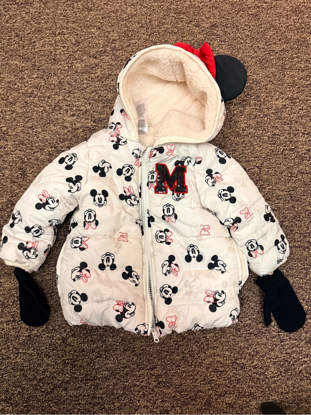 Disney Kids White Minnie Mouse Puffer Jacket with Black & Pink Accents